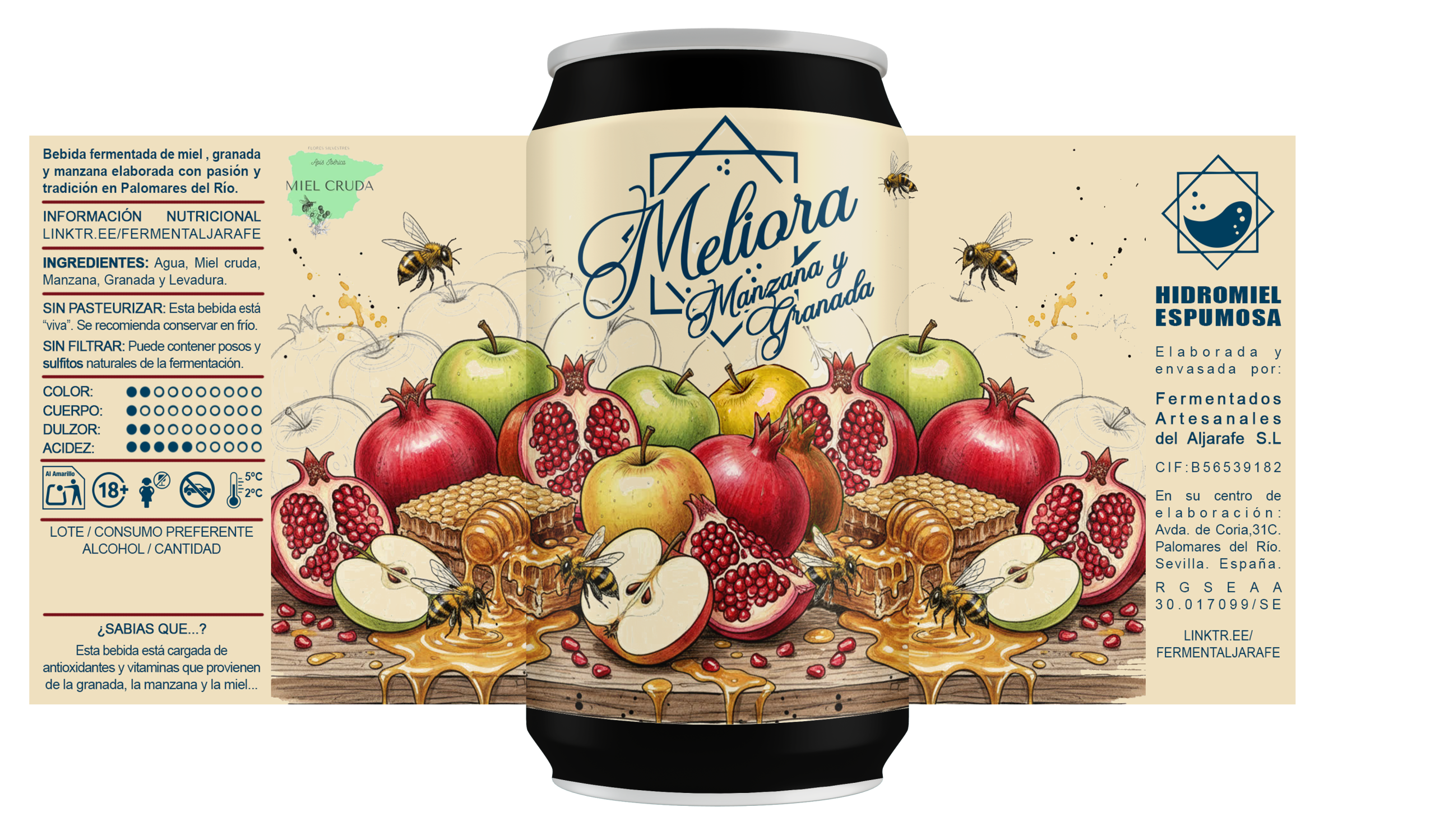lata y etiqueta de meliora, hidromiel de fruta
