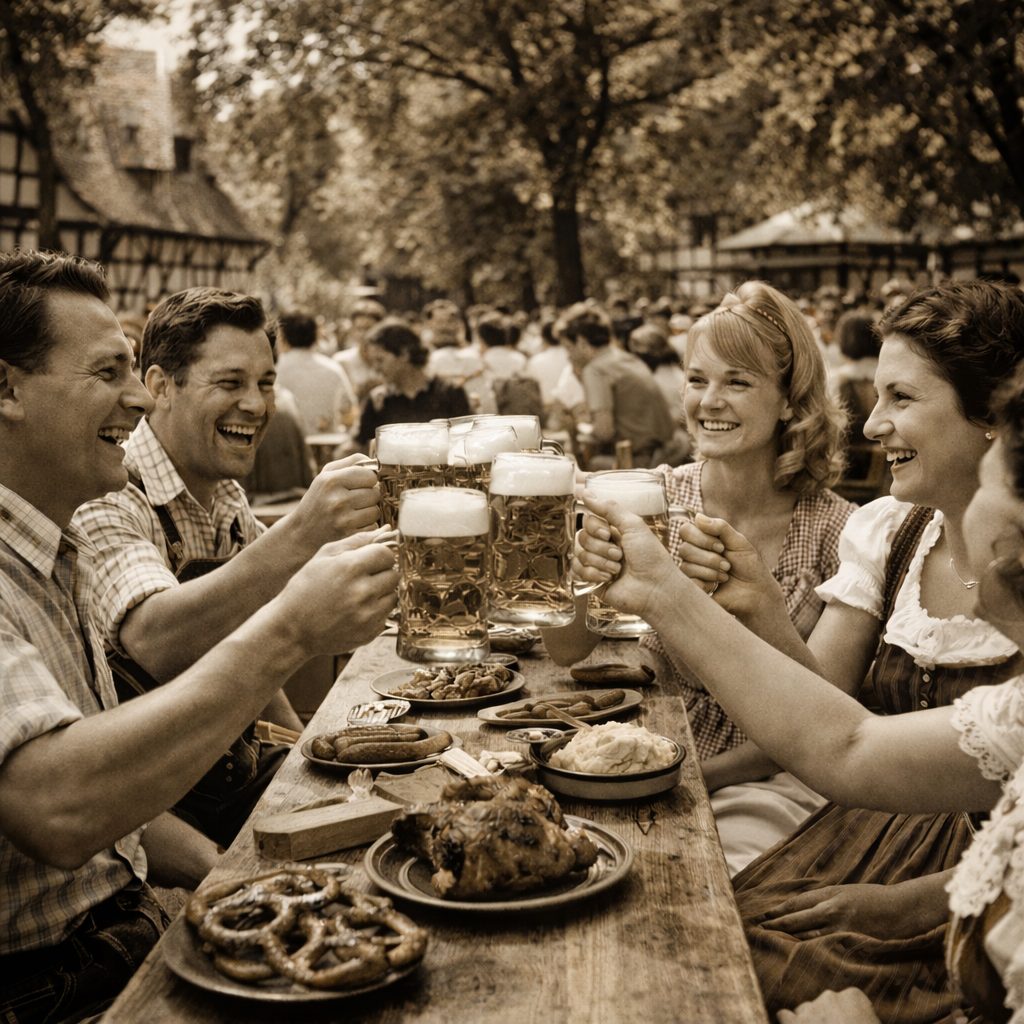 grupo bebiendo helles en un biergarten del siglo XX