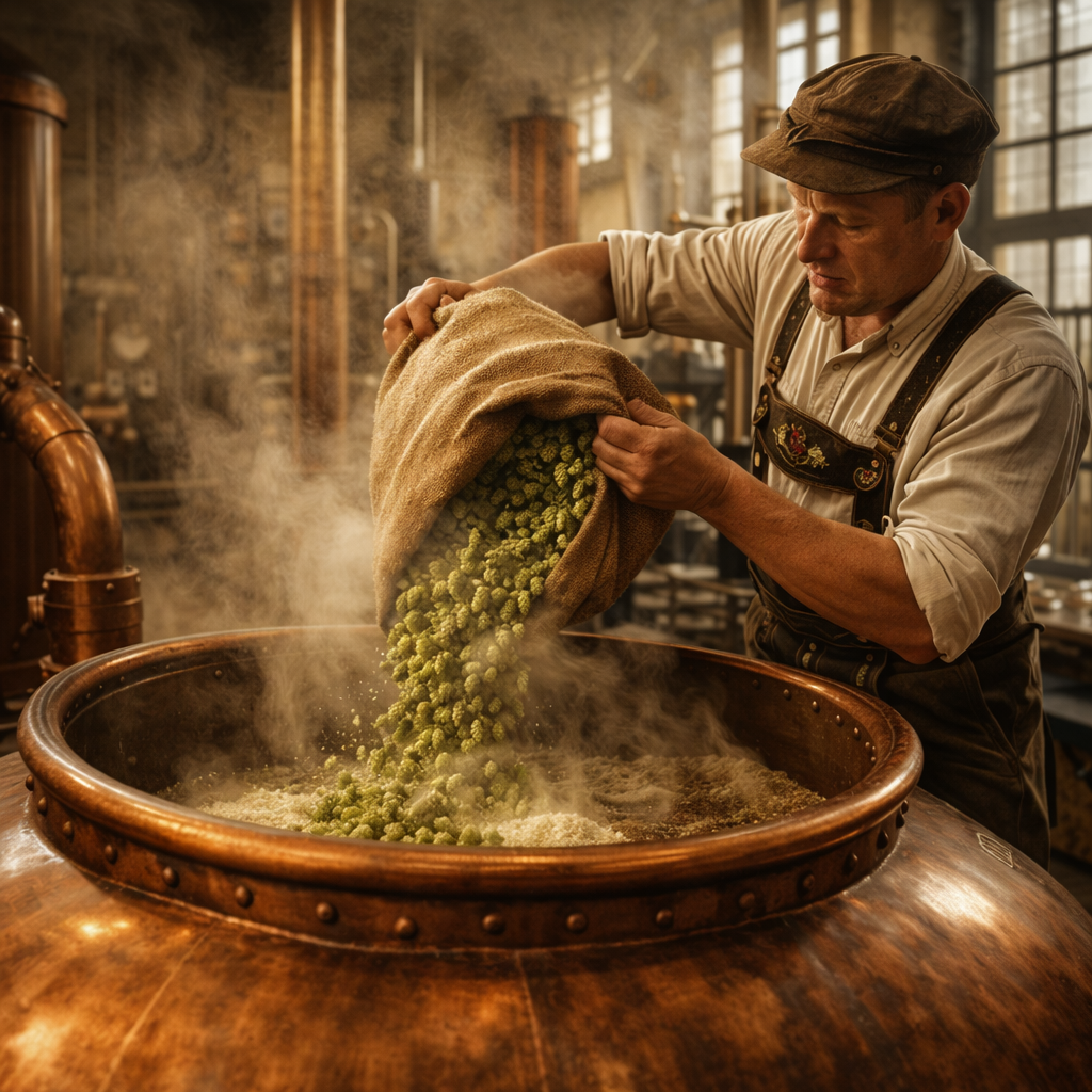 cervecero elaborando helles añadiendo lúpulo en el hervidor