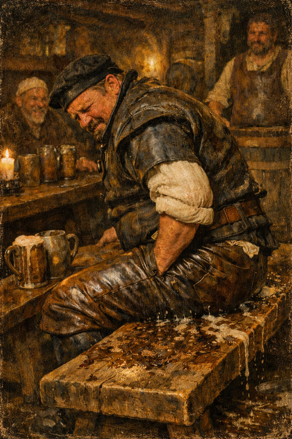 imagen de un inspector de calidad de cerveza sentándose en un banco mojado con cerveza