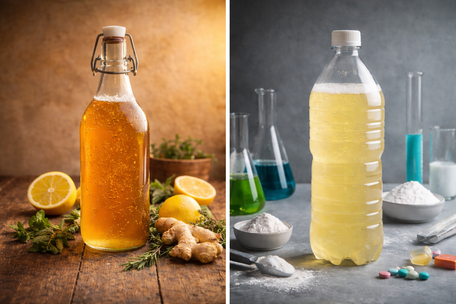 a un lado una botella de bebida artesanal rodeada de ingredientes anturales al otro una botella de plastico rodeada de químicos