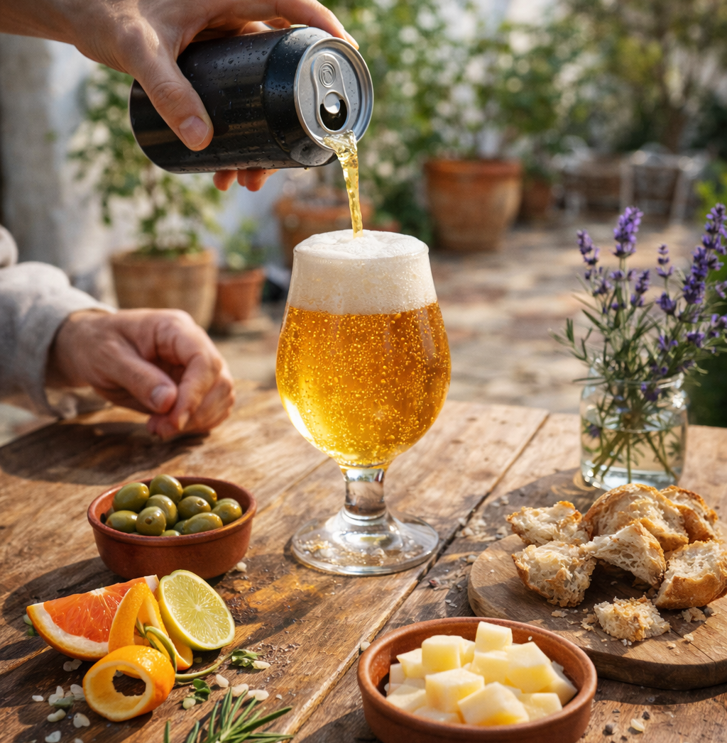 una mano sirviendo una bebida en una mesa con aperitivos