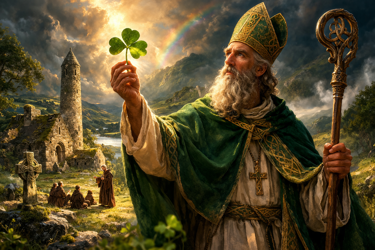 San Patricio sosteniendo un trébol de tres hojas mientras explica su significado