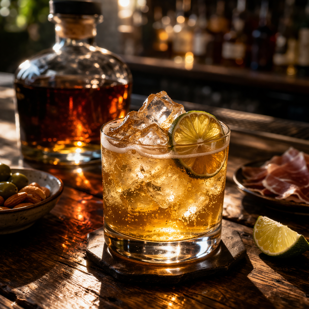 combinado kombucha y ron en vaso y apertivos