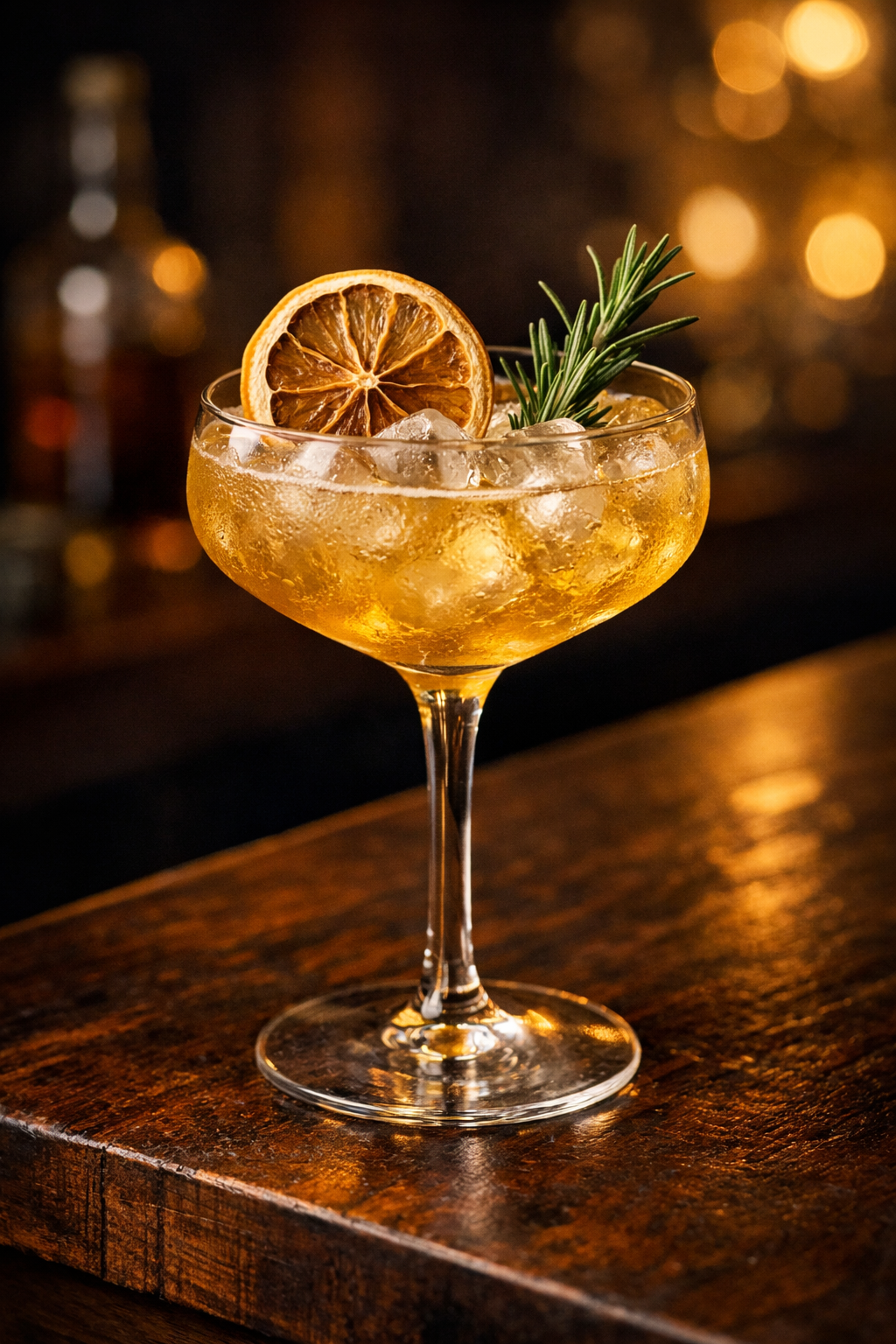 copa de kombucha con whisky rodaja de limòn y romero