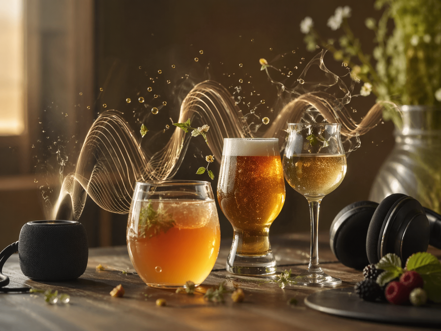 fenomeno crossmodal, varias bebidas y música de fondo