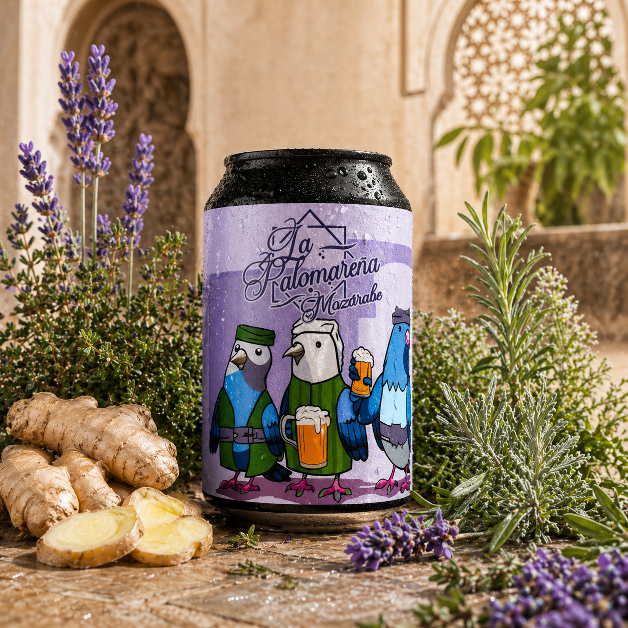 lata de la palomareña mozarabe rodeada de ingredientes del gruit