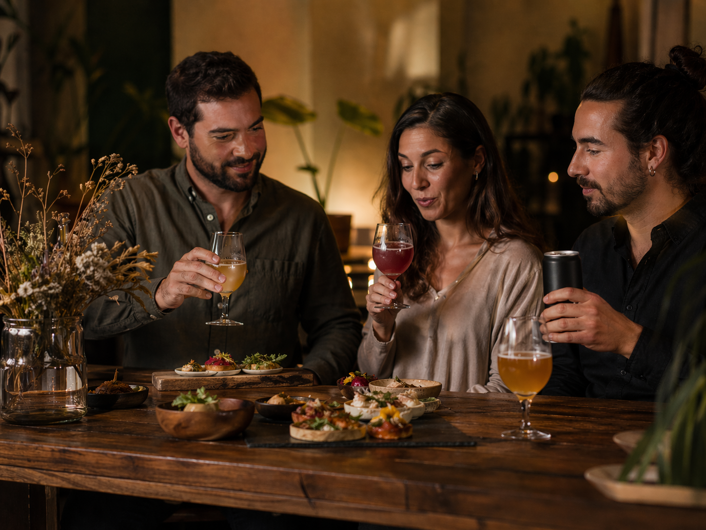 tres personas bebiendo y comiendo