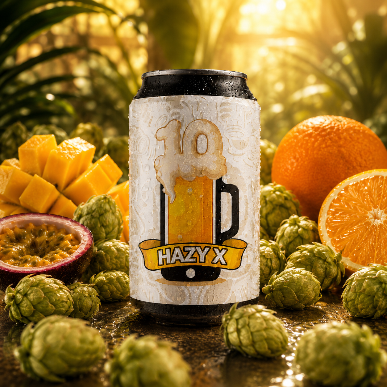 lata de cerveza hazy x neipa ambiente tropical y rodeada de lúpulo