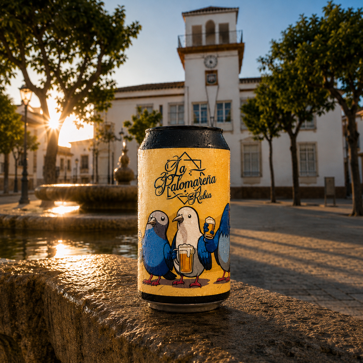 Lata de cerveza de La Palomareña Rubia frente al Ayuntamiento de Palomaes del Río