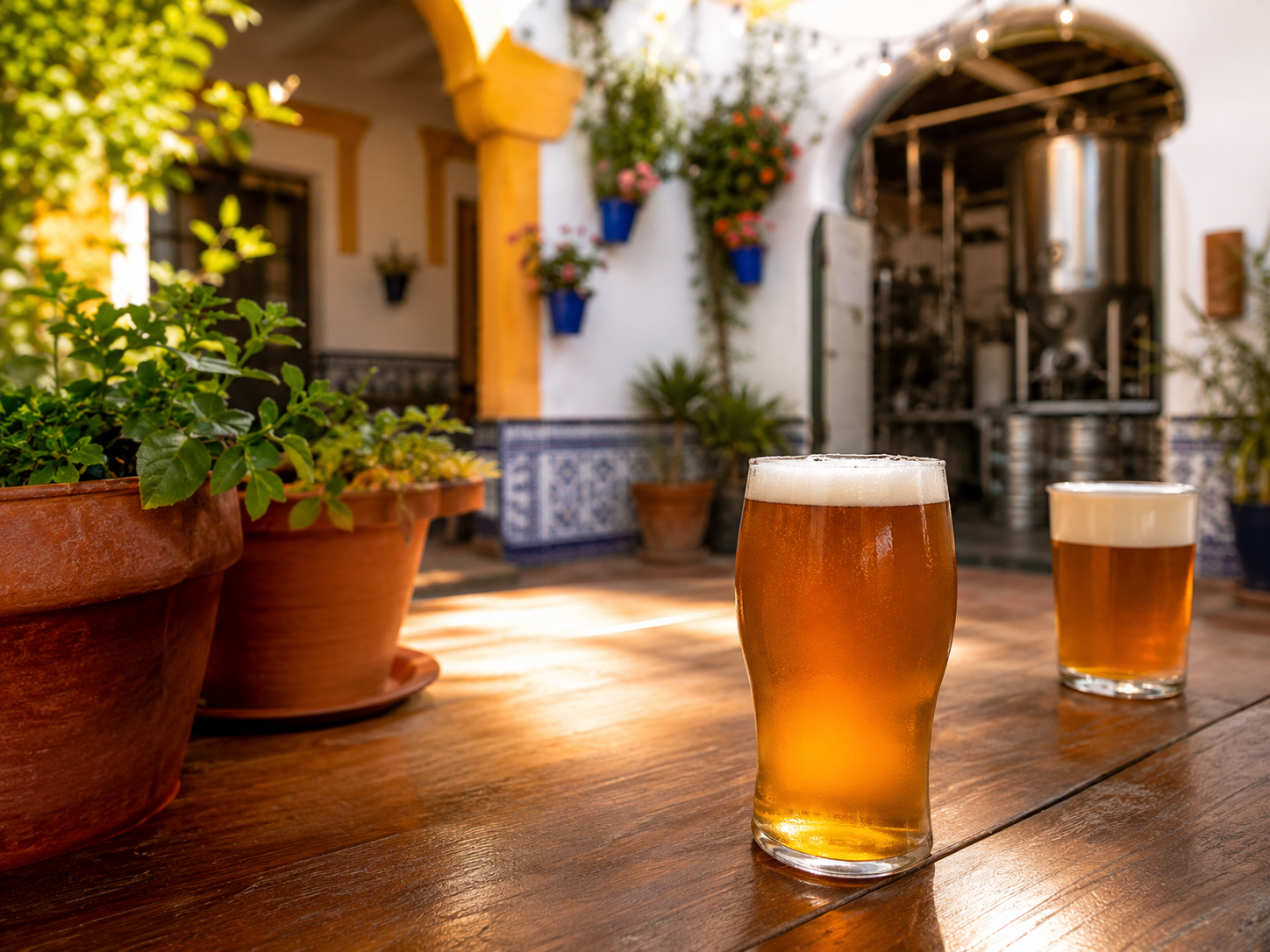 cerveza artesanal en un patio de sevilla