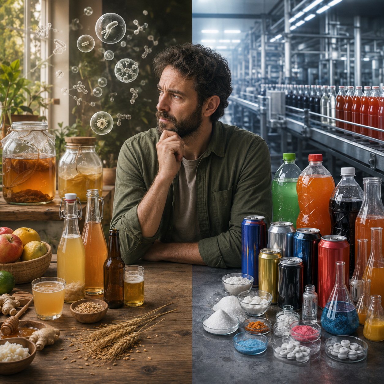 la imagen de una persona pensativa, a un lado bebidas fermentadas a otro bebidas industriales
