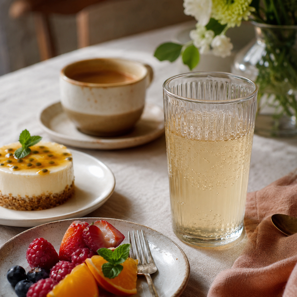 Kéfir de agua acompañado de fruta, postre y café