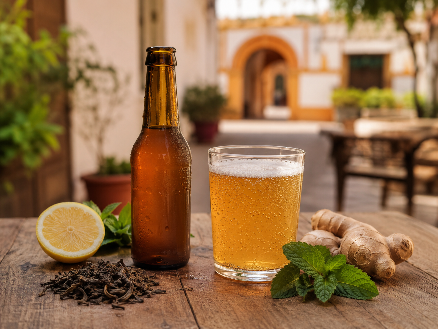 Una kombucha artesanal sobre una mesa en Sevilla