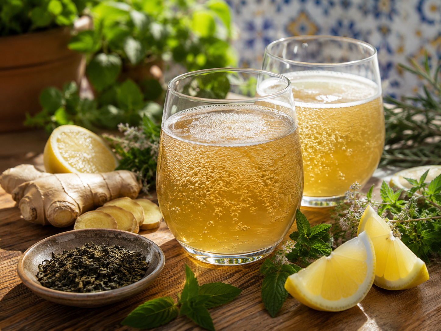 kombucha en dos vasos y rodeada de ingredientes