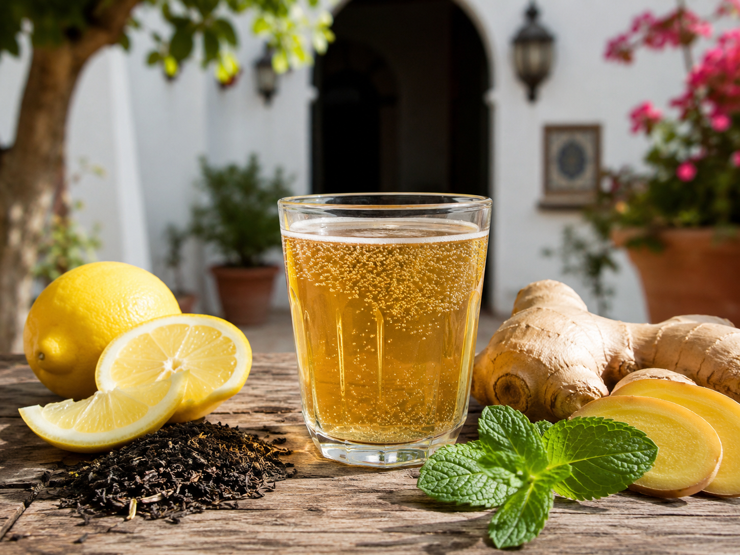 kombucha en vaso y rodeada de ingredientes
