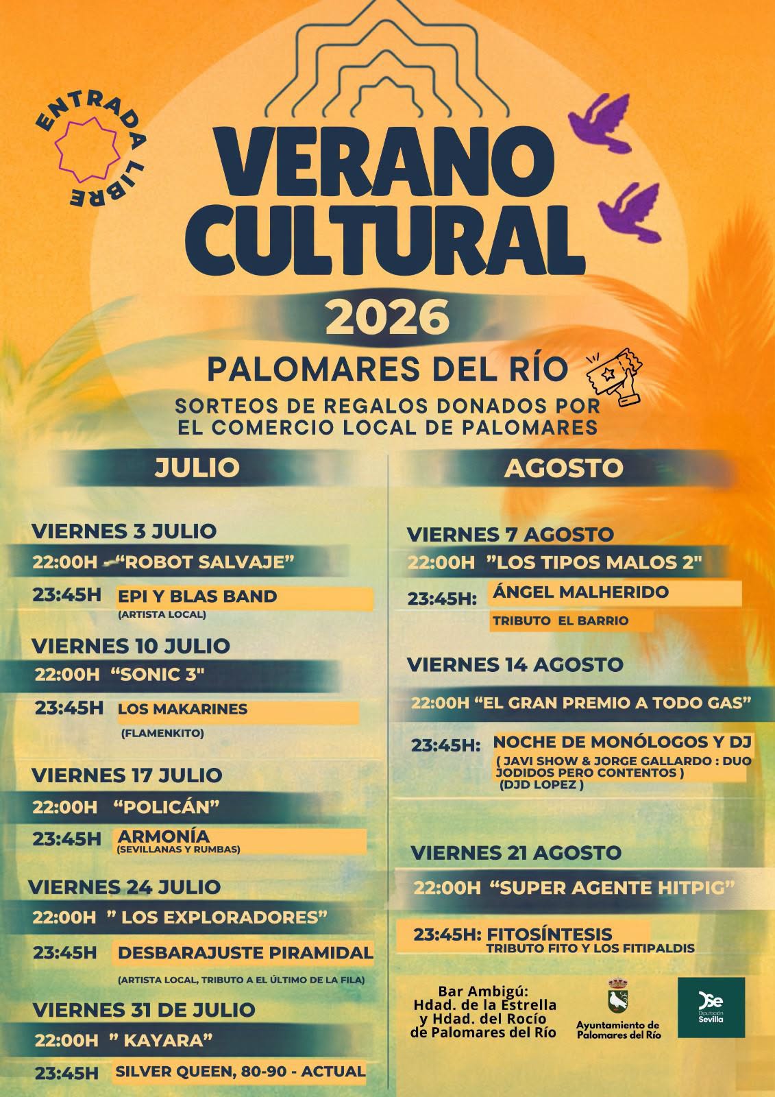 Cartel Verano Cultural 2026 en Palomares del Río con programación de julio y agosto, cine, música y más.