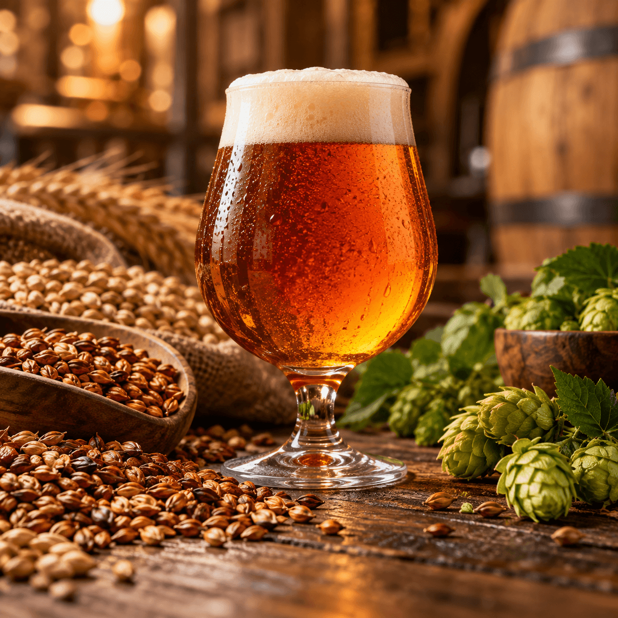 una copa de amber ale rodeada de ingredientes