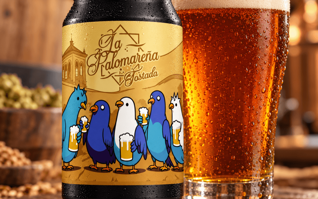 un vaso y una lata de amber ale la palomareña tostada