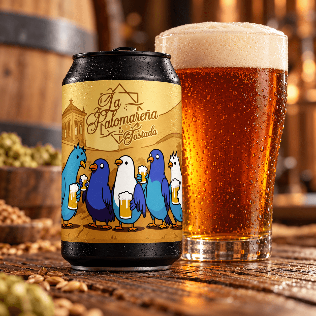 un vaso y una lata de amber ale la palomareña tostada