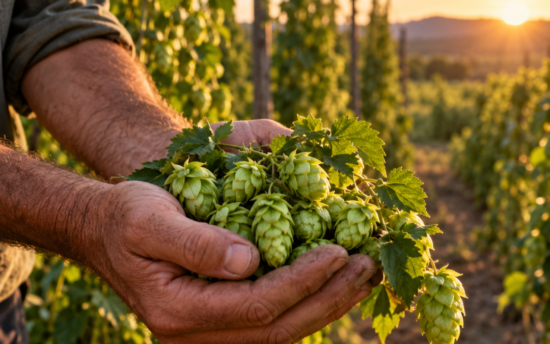 manos sosteniendo lúpulo nacional cosecha de agricultores locales