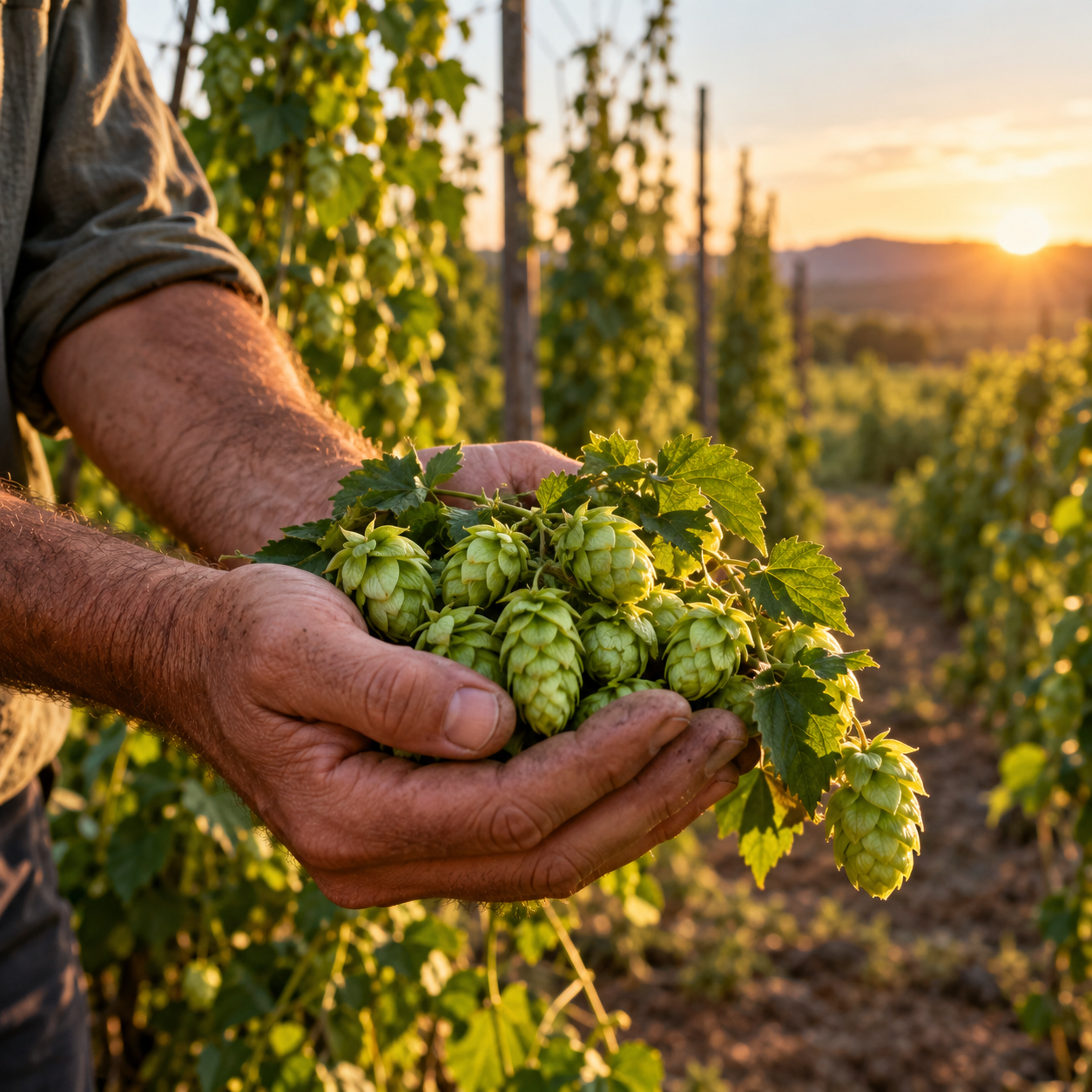 Cosecha de lúpulo al atardecer manos sosteniendo lúpulo nacional cosecha de agricultores locales