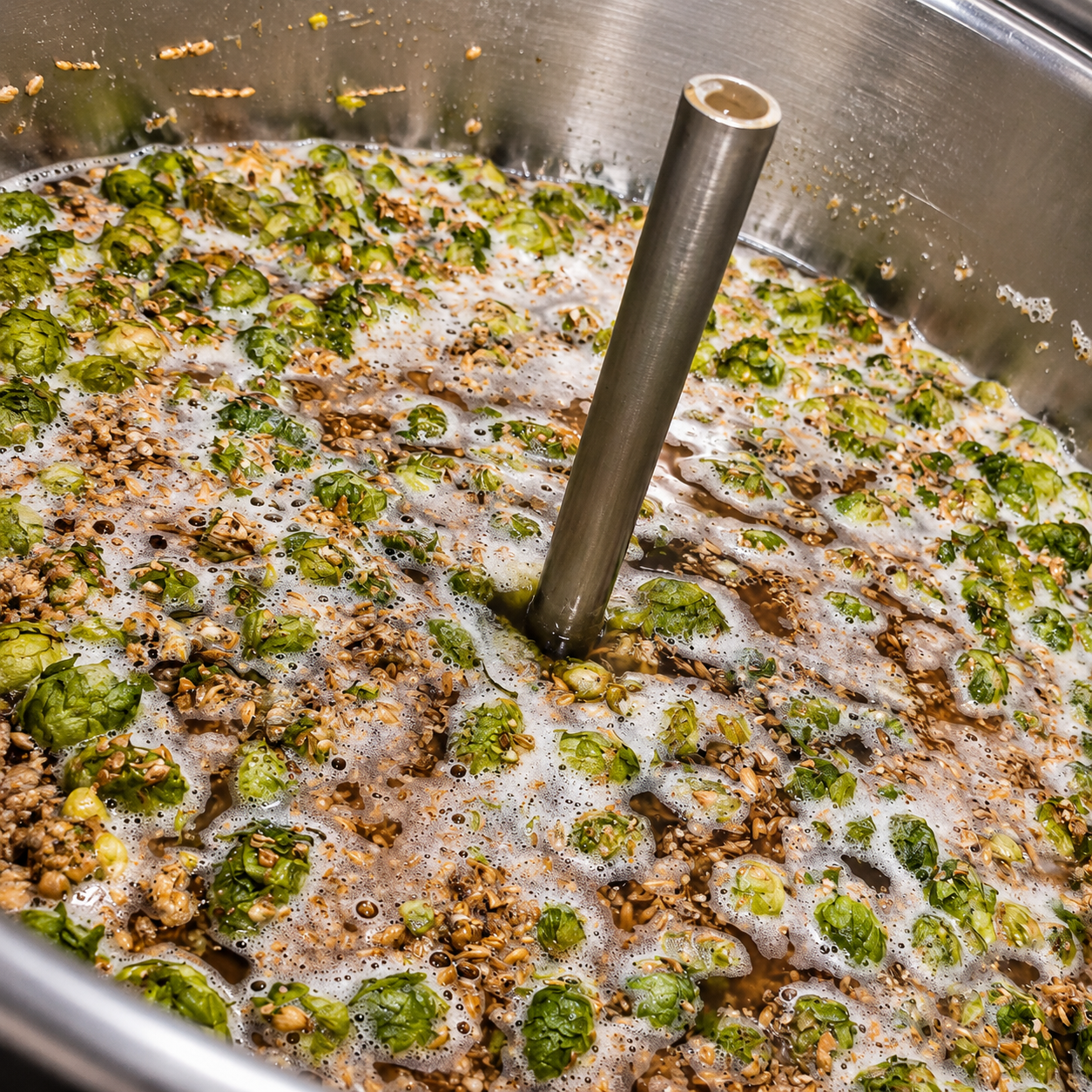 Cuba de macerado con lúpulo y grano mash hopping en cuba de macerado con lúpulo y malta