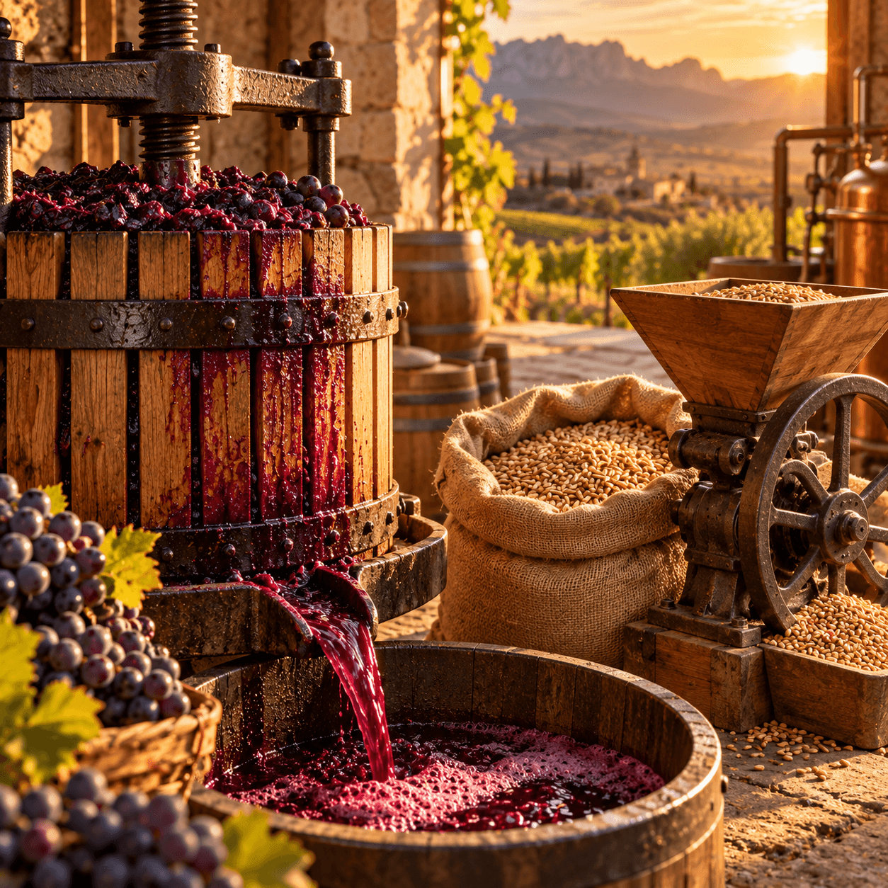 Prensa de uva junto al viñedo al atardecer Prensa de uva junto al viñedo al atardecer