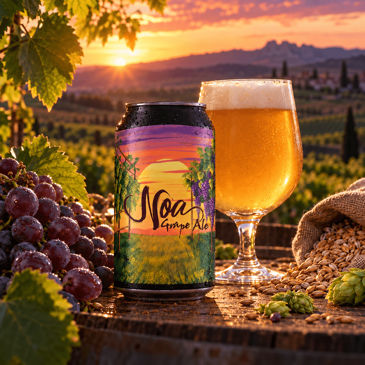 lata de noa grape ale en la viña lata de noa grape ale junto a una copa de cerveza en la viña